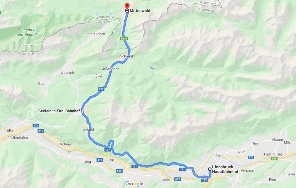 Map showing the train route from Innsbruck to Mittenwald with Seefeld roughly in the middle