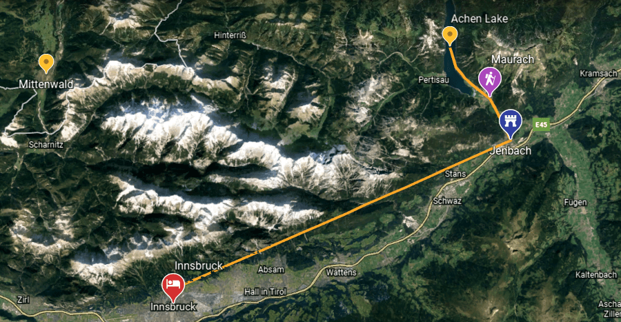 This is the map of the areas we visited in the vicinity of Innsbruck. I have marked our rough path in orange. Just about 30 odd kilometers from Innsbruck to Jenback via Eurorail and from there on - Jenback to Maurach (or Achensee) via toy train.